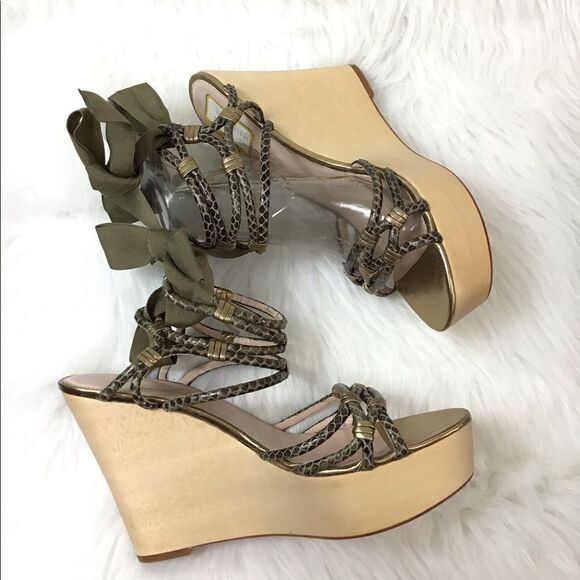 Elie Tahari Green Sandal Strappy Wedge Heel Sandal Snake Skin Size 40 1/2 - Picture 4 of 9
